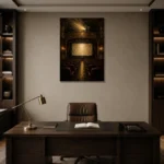 Golden Theater Interior Film Reel Wall Art Canvas Print displayed in a contemporary gallery-inspired room