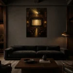 Golden Theater Interior Film Reel Wall Art Canvas Print shown in a warm modern interior