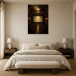 Golden Theater Interior Film Reel Wall Art Canvas Print showcased in an elegant minimalist interior