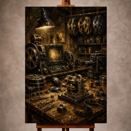 Antique copper Film Reel Wall Art print featuring an analog editing studio with suspended reels and vintage cameras