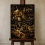 Antique Copper Editing Studio Film Reel Wall Art Canvas Print displayed on a studio easel
