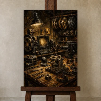 Antique Copper Editing Studio Film Reel Wall Art Canvas Print shown in Studio Easel
