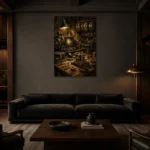 Antique Copper Editing Studio Film Reel Wall Art Canvas Print shown in a warm modern interior