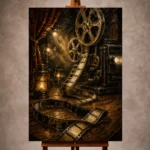 Golden Film Reel Wall Art print featuring an unfurling vintage reel, antique projector, and glowing theater lamps