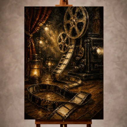 Golden Film Reel Wall Art print featuring an unfurling vintage reel, antique projector, and glowing theater lamps