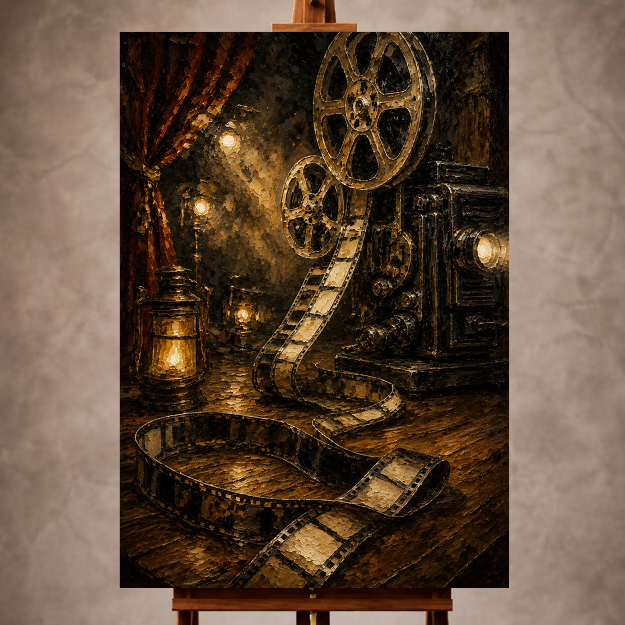 Premium Wall Art Dikey Html Edition – THECİNEMAGARA070 Image 1 Golden Film Reel Wall Art print featuring an unfurling vintage reel, antique projector, and glowing theater lamps