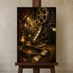 Golden Cinematic Still Life Film Reel Wall Art Canvas Print displayed on a studio easel