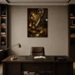 Golden Cinematic Still Life Film Reel Wall Art Canvas Print displayed in a contemporary gallery-inspired room