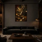 Golden Cinematic Still Life Film Reel Wall Art Canvas Print shown in a warm modern interior