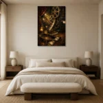 Golden Cinematic Still Life Film Reel Wall Art Canvas Print showcased in an elegant minimalist interior