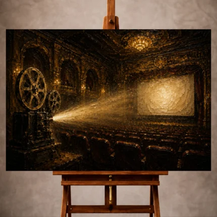 Golden Film Reel Wall Art print featuring velvet cinema seats beneath a glowing projector beam