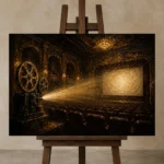 Golden Vintage Cinema Film Reel Wall Art Canvas Print displayed on a studio easel