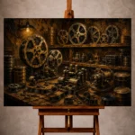 Warm bronze Film Reel Wall Art print featuring vintage reels, brass lenses, editing equipment, and archival canisters