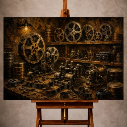 Warm bronze Film Reel Wall Art print featuring vintage reels, brass lenses, editing equipment, and archival canisters