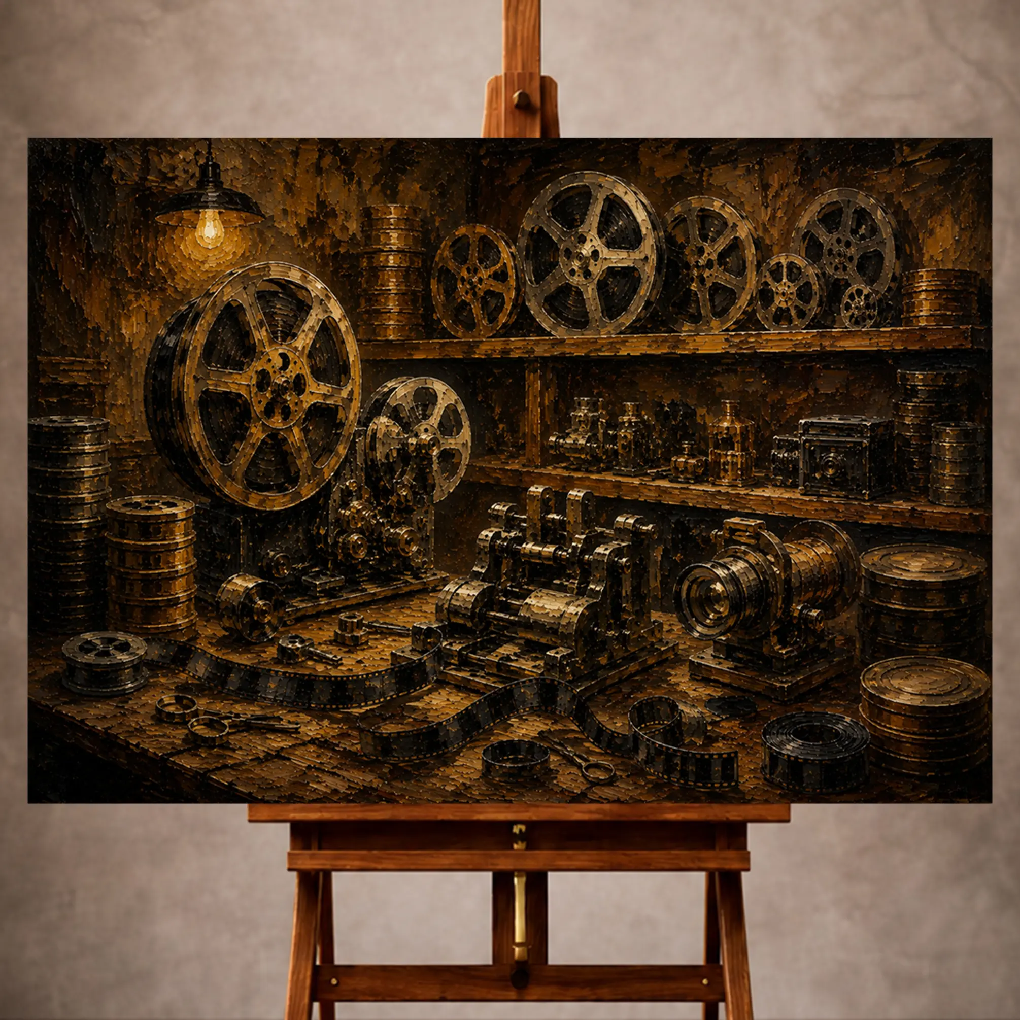 Premium Wall Art Yatay Html Edition – THECİNEMAGARA072 Image 1 Warm bronze Film Reel Wall Art print featuring vintage reels, brass lenses, editing equipment, and archival canisters