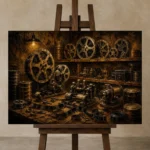 Golden Cinema Archive Film Reel Wall Art Canvas Print displayed on a studio easel