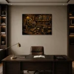 Golden Cinema Archive Film Reel Wall Art Canvas Print displayed in a contemporary gallery-inspired room