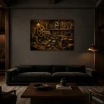 Golden Cinema Archive Film Reel Wall Art Canvas Print shown in a warm modern interior