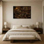 Golden Cinema Archive Film Reel Wall Art Canvas Print showcased in an elegant minimalist interior