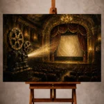Golden Film Reel Wall Art print featuring a restored projector, velvet curtains, and an ornate historic theater stage