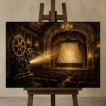 Golden Historic Theater Film Reel Wall Art Canvas Print displayed on a studio easel