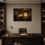 Golden Historic Theater Film Reel Wall Art Canvas Print displayed in a contemporary gallery-inspired room