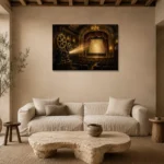Golden Historic Theater Film Reel Wall Art Canvas Print presented in a sophisticated home setting
