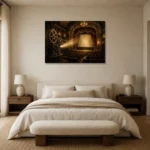 Golden Historic Theater Film Reel Wall Art Canvas Print showcased in an elegant minimalist interior