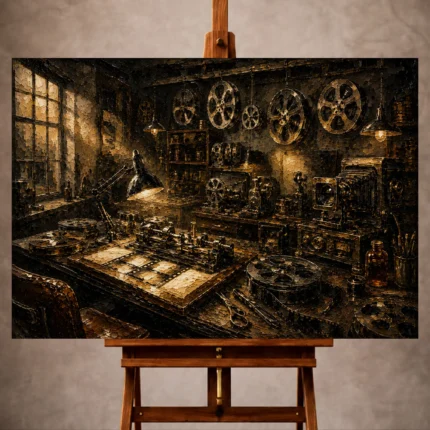 Aged copper Film Reel Wall Art print featuring suspended reels, vintage cameras, editing machines, and illuminated drafting tables
