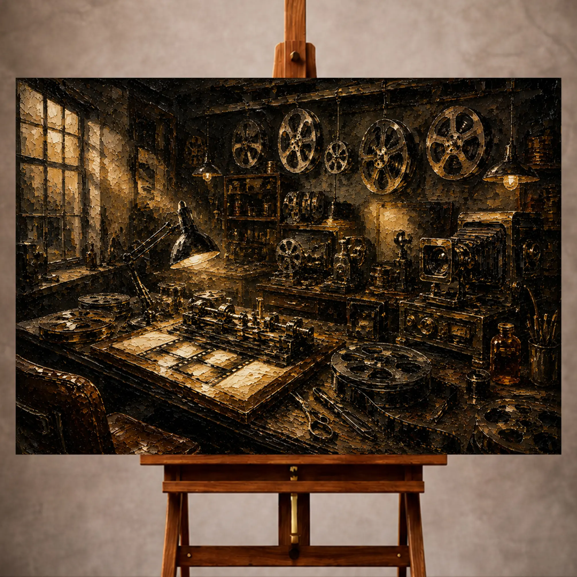 Premium Wall Art Yatay Html Edition – THECİNEMAGARA074 Image 1 Aged copper Film Reel Wall Art print featuring suspended reels, vintage cameras, editing machines, and illuminated drafting tables