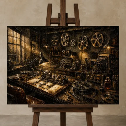 Refined Analog Workshop Film Reel Wall Art Canvas Print displayed on a studio easel