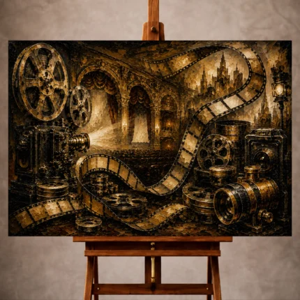 Golden Film Reel Wall Art print featuring flowing vintage film strips, brass projectors, antique lenses, and theater architecture