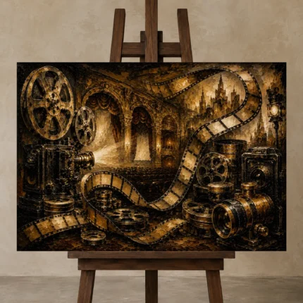 Panoramic Cinematic Craft Film Reel Wall Art Canvas Print displayed on a studio easel