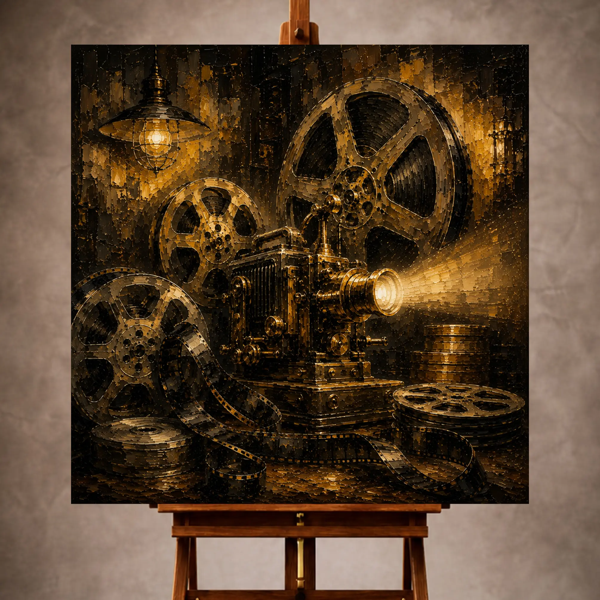 Premium Wall Art Kare Html Edition – THECİNEMAGARA076 Image 1 Golden Film Reel Wall Art print featuring oversized vintage reels surrounding a restored brass projector