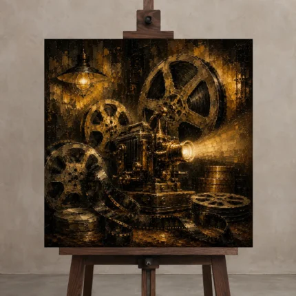 Golden Brass Projector Film Reel Wall Art Canvas Print shown in Studio Easel
