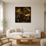 Golden Brass Projector Film Reel Wall Art Canvas Print styled in a refined neutral interior