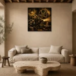 Golden Brass Projector Film Reel Wall Art Canvas Print presented in a sophisticated home setting