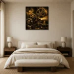 Golden Brass Projector Film Reel Wall Art Canvas Print showcased in an elegant minimalist interior