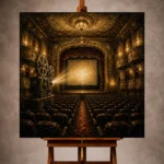 Golden Film Reel Wall Art print featuring a historic theater with velvet seats, ornate balconies, and a glowing projector beam