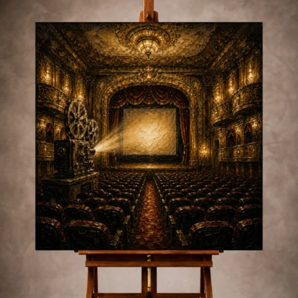 Golden Film Reel Wall Art print featuring a historic theater with velvet seats, ornate balconies, and a glowing projector beam
