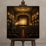 Grand Historic Theater Film Reel Wall Art Canvas Print displayed on a studio easel