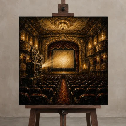 Grand Historic Theater Film Reel Wall Art Canvas Print shown in Studio Easel