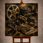 Warm bronze Film Reel Wall Art print featuring vintage reels, celluloid strips, brass lenses, editing scissors, and archival canisters