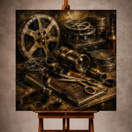 Warm bronze Film Reel Wall Art print featuring vintage reels, celluloid strips, brass lenses, editing scissors, and archival canisters
