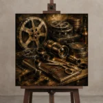 Bronze Cinema Archive Film Reel Wall Art Canvas Print displayed on a studio easel