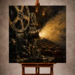 Golden Film Reel Wall Art print featuring a close-up vintage projector casting light through smoky darkness