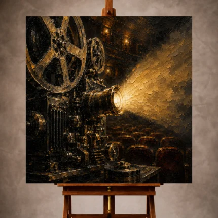 Golden Film Reel Wall Art print featuring a close-up vintage projector casting light through smoky darkness