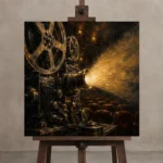 Golden Projector Beam Film Reel Wall Art Canvas Print displayed on a studio easel