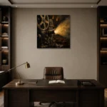 Golden Projector Beam Film Reel Wall Art Canvas Print displayed in a contemporary gallery-inspired room