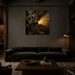 Golden Projector Beam Film Reel Wall Art Canvas Print shown in a warm modern interior